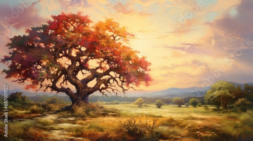 a picturesque scene of a majestic oak tree in a meadow, its foliage resplendent in hues of deep crimson, sunlit gold, and rich burgundy, like a work of art sprung from nature. © baloch