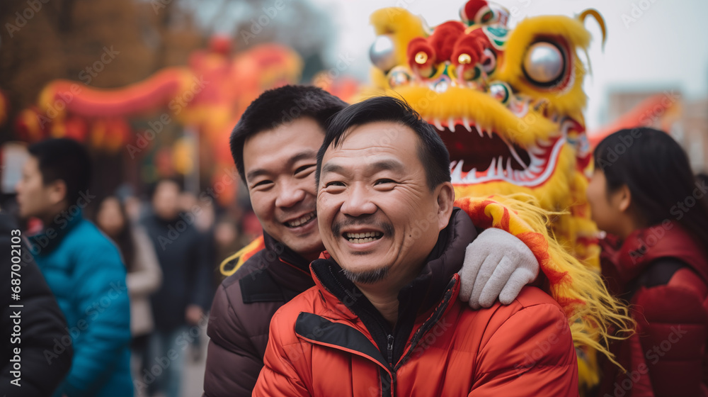 two chinese man in china festivity dragon parade
