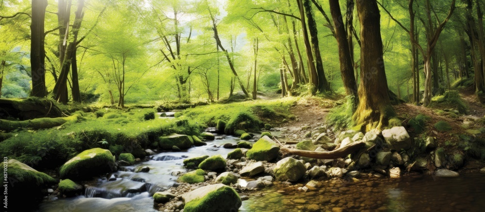 Obraz premium serene landscape of a lush green forest, with mountains as a majestic backdrop, a beautiful spring day unfolds, enveloping the park in natural beauty. The sound of flowing water from a nearby stream