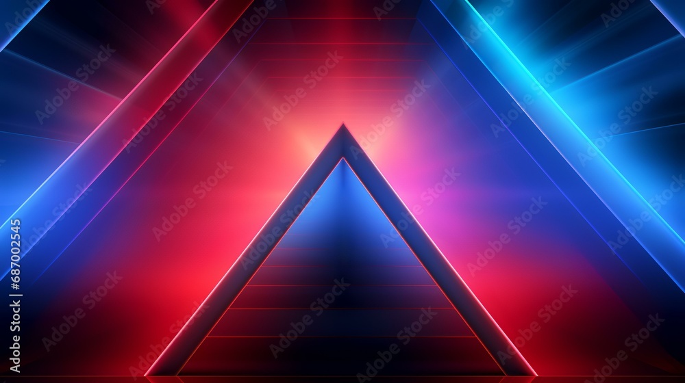 Abstract blue and red neon background with a glowing triangle. Vector illustration.