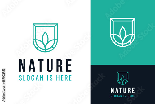 Simple Nature Leaf Leaves Shield Protect Forest Retro Emblem Logo Design Branding Template