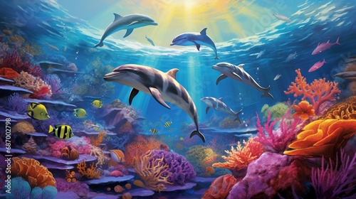 a pod of dolphins playfully dives in sync with a group of colorful reef fish amidst a thriving underwater ecosystem.