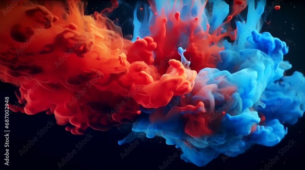 Red and blue ink in water on a black background. Abstract background