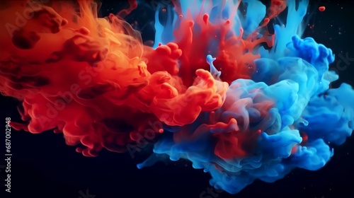 Red and blue ink in water on a black background. Abstract background