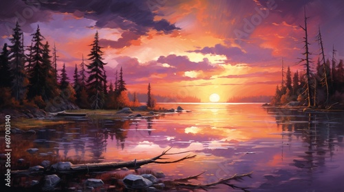 A radiant, multi-hued sunset over a serene lakeside, with the sky painted in warm oranges and purples, casting a captivating glow.