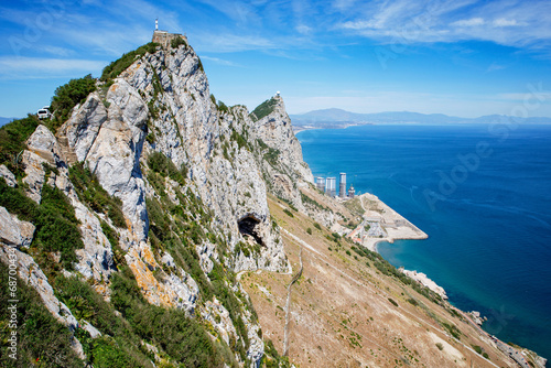 Aerial view of Gibraltar, Algeciras Bay and La Linea de la Concepcion from the Upper Rock. View on coastal city from above.