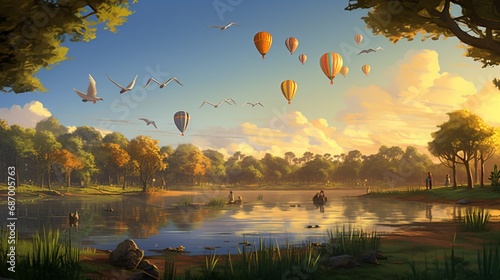 a serene park where a hot air balloon festival is in full swing, with a family of ducks wading in the nearby pond and a heron taking flight. photo