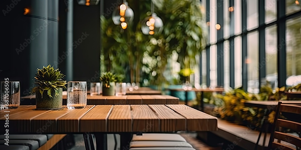 Contemporary dining experience. Modern wooden table and chairs set in stylish and elegant restaurant interior. Urban elegance. Empty desk and chair in interior with beautiful design and ambiance - obrazy, fototapety, plakaty 