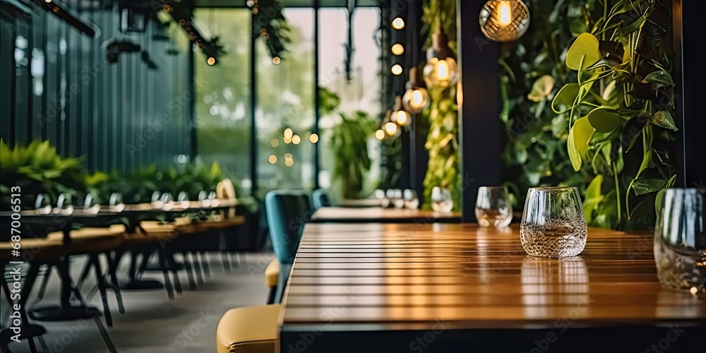 Contemporary dining experience. Modern wooden table and chairs set in stylish and elegant restaurant interior. Urban elegance. Empty desk and chair in interior with beautiful design and ambiance