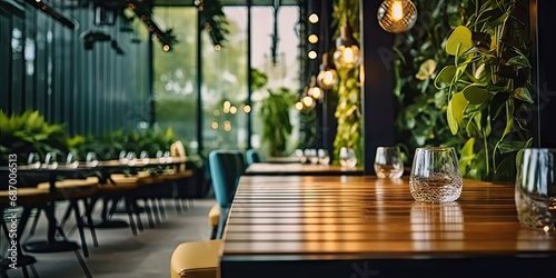 Contemporary dining experience. Modern wooden table and chairs set in stylish and elegant restaurant interior. Urban elegance. Empty desk and chair in interior with beautiful design and ambiance