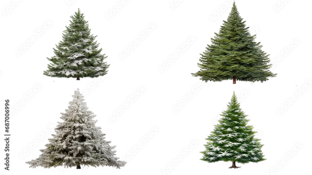 set of four different colored winter trees on a transparent background suitable for holiday designs, greeting cards, festive decorations, and seasonal marketing materials
