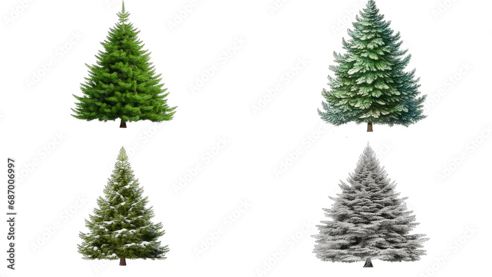 set of four different colored winter trees on a transparent background suitable for holiday designs, greeting cards, festive decorations, and seasonal marketing materials