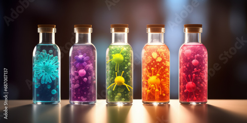 Different viruses and bacteria trapped in glass bottles.