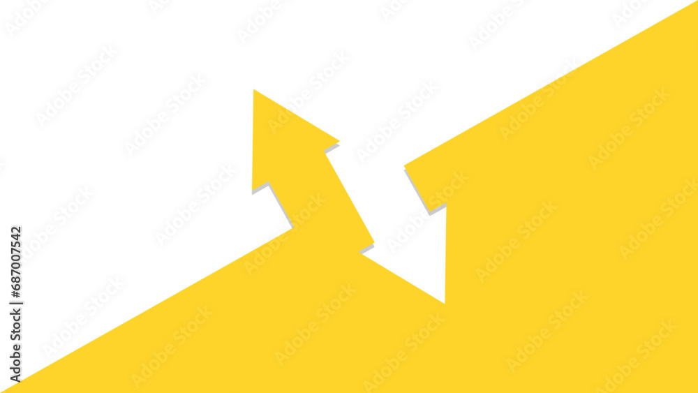 Image divided in two diagonally, with two arrows pointing in opposite directions. Yellow and white background. Image divided in two diagonally, with two arrows pointing in opposite directions. Yellow and white background.