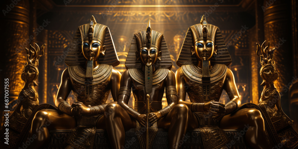 Golden statues of three ancient Egyptian gods in the temple. - obrazy, fototapety, plakaty 
