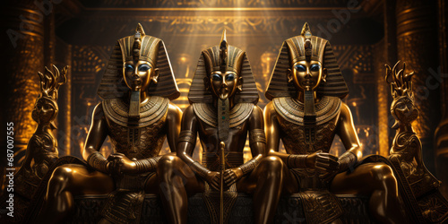 Golden statues of three ancient Egyptian gods in the temple. photo