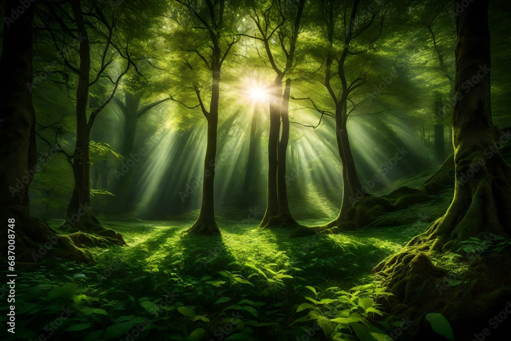 A secluded glade in a dense forest, with sunlight streaming through the leaves to illuminate the vibrant green grass below - obrazy, fototapety, plakaty 