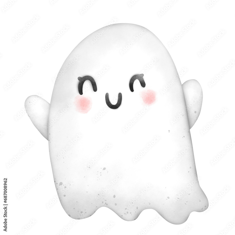 Cute Ghost Cartoon Halloween Watercolor Illustration Clipart