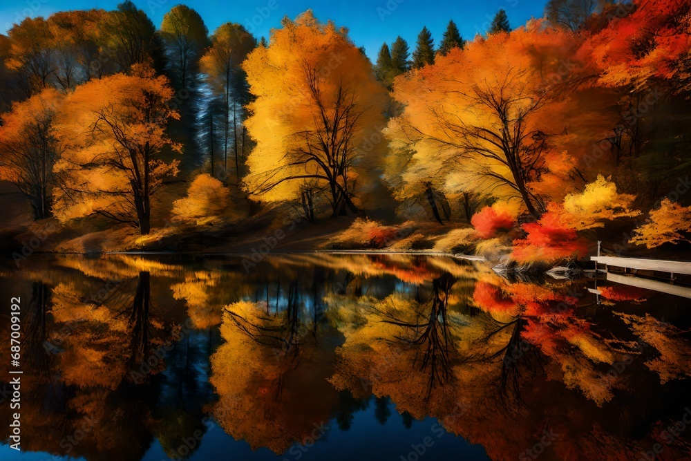 A tranquil pond reflecting the vibrant autumn foliage and clear blue sky above.