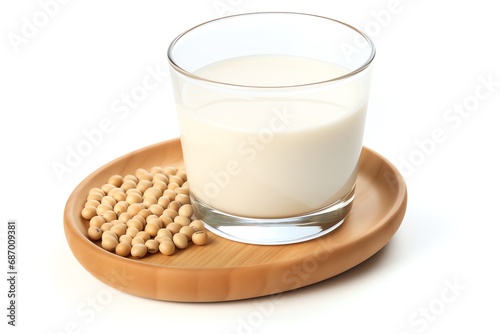 a glass of milk and soybeans on a wooden plate