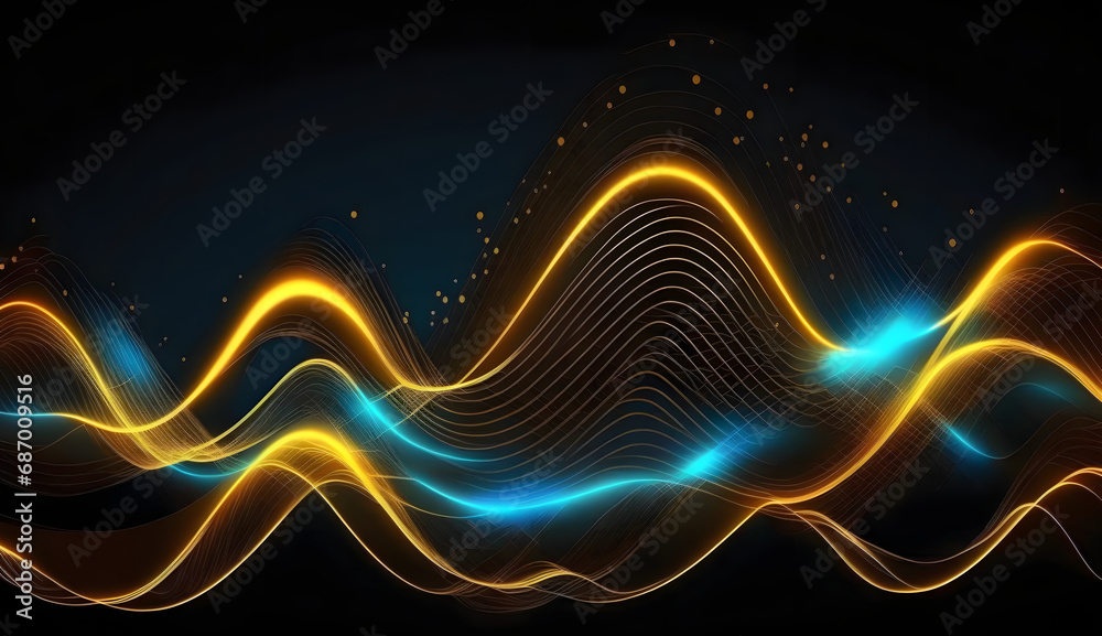 abstract futuristic background with Gold blue glowing neon moving high speed wave lines and bokeh lights. Data transfer concept Fantastic wallpaper. Generative Ai.
