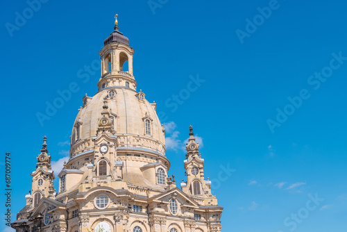 Dresden, Germany. Church of our Lady at Neumarkt square in downtown of Dresden at sunny summer day with blue gradient sky and copy space