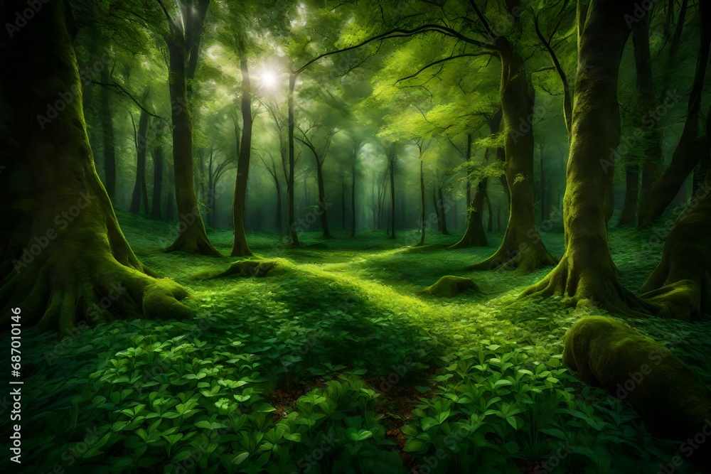 A hidden glade surrounded by dense foliage, the ground covered in a carpet of fresh, vibrant green grass - obrazy, fototapety, plakaty 