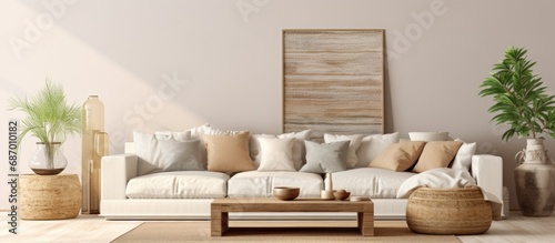Modern home decor with neutral modular sofa, mock up poster frames, rattan armchair, coffee tables, dried flowers in vase, and elegant personal accessories.