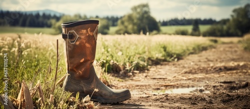 Old, worn-out rubber boots in rural setting captured in vintage photograph.