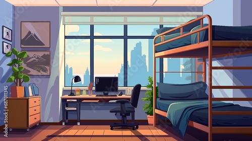 Student dormitory room with bunk and computer desk illustration AI Generated photo