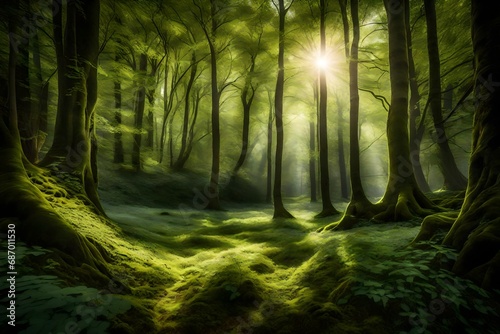 A secluded woodland scene with a carpet of lush green grass, illuminated by sunlight filtering through the thick canopy above