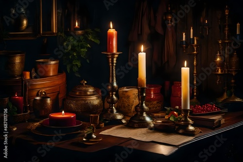 A vintage-themed table with an antique candlestick carrying a flickering candle. 
