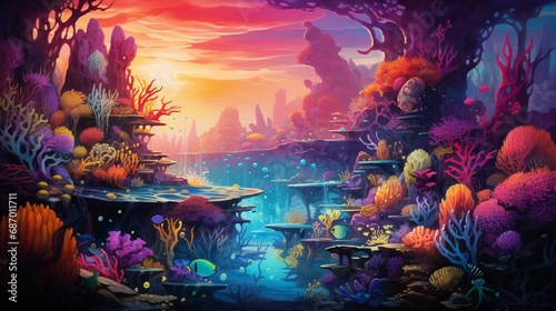 A surreal and dreamlike underwater world, with colorful corals, exotic fish, and vivid marine life, an enchanting vision beneath the sea. #687011711