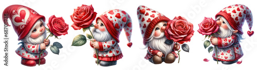 Valentine’s Gnome with Rose illustration cut out transparent isolated on white background ,PNG file