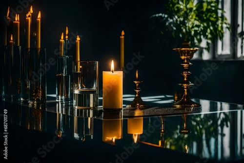  An artistic perspective capturing the play of shadows and light from a candle on a glass table.