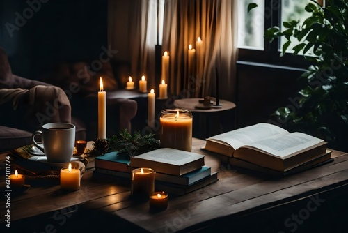 A warm beverage and a stack of books on a comfy coffee table with a blazing candle. 