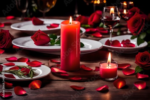 A romantic dinner setup with rose petals scattered around a candle-lit table for a couple.