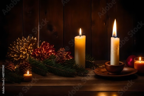  A single lit candle casting a warm  flickering glow on a wooden table adorned with rustic decor.