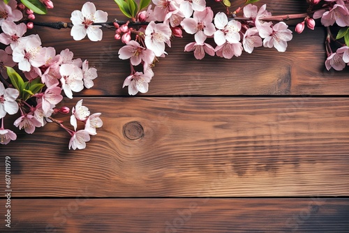 Banner Spring pink flowers on a wooden background. Women's Day or Mother's Day greeting card or spring sale banner. Valentine's day, birthday celebration concept. Flat lay, top view with copy space