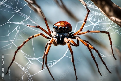 A spider weaving its web between two branches, creating a delicate masterpiece.