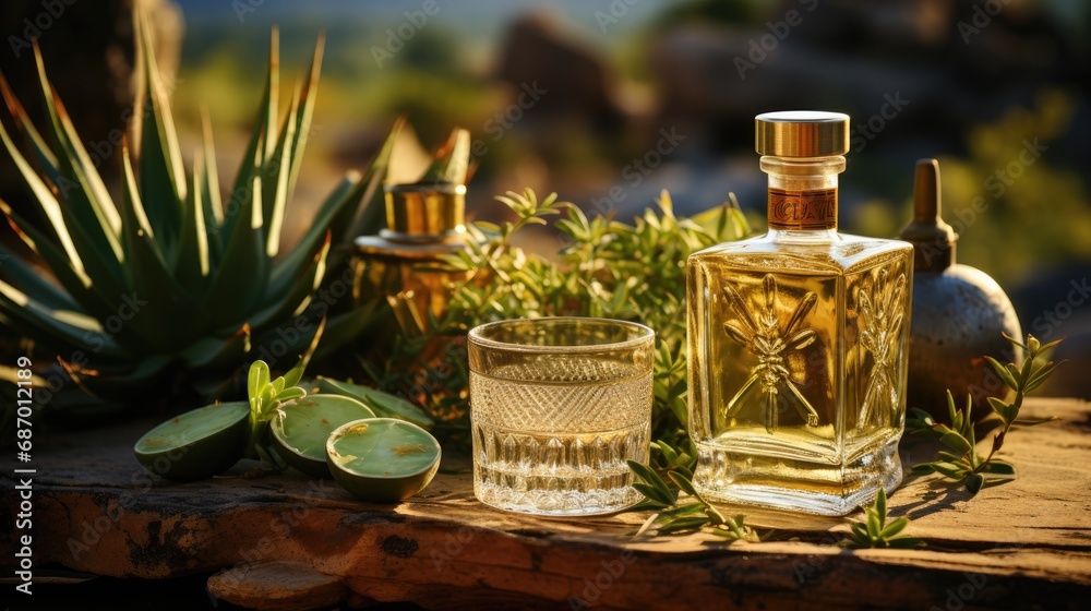 Obraz premium Bottle of tequila and agave plant on wooden board outdoor