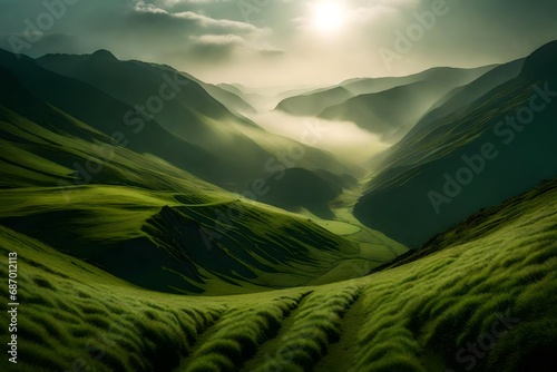 A panoramic view of a valley shrouded in mist, with patches of green grass peeking through the ethereal landscape