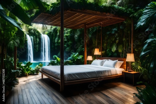 A four-poster bed in a tropical paradise bedroom surrounded by lush foliage and a waterfall feature. It's a peaceful haven.