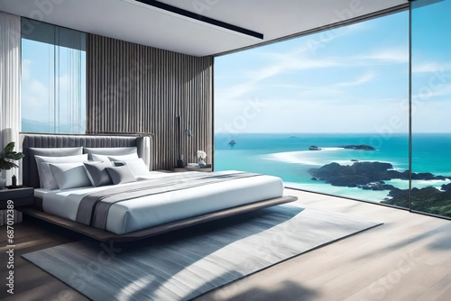 A sleek, modern luxury bedroom with a minimalist design that includes a floating bed and floor-to-ceiling windows that provide a panoramic view of the ocean. © MB Khan