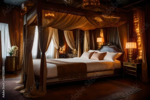 A opulently designed canopy bed in a vintage-inspired bedroom with silk drapes and antique furnishings. The romantic environment is enhanced by soft candlelight.