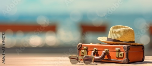 Vintage suitcase, sunglasses and hat on wooden table sea and beach blur background photo