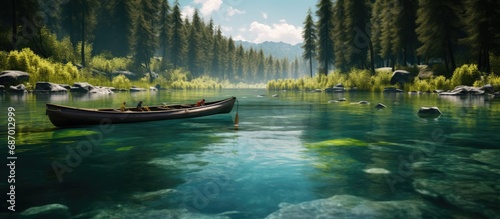 A clear, turquoise river on the edge of a pine forest and several canoes docked photo