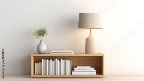contemporary table lamp stands next to some books on a minimalist wooden sideboard. photo