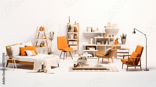 Various elements for use in interior design. 3D rendering. 3D illustration. Isolated on white background.