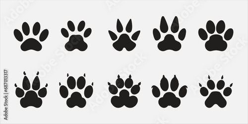 Set of silhouettes of animal paws, paws with claw, vector eps,  photo
